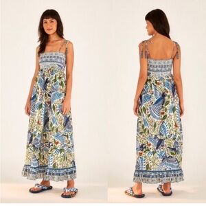 Farm Rio smocked bodice maxi dress. Size M. Blue macaw print. Lined.